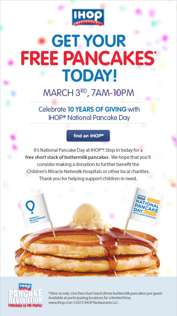 National Pancake Day March 3rd FREE Pancakes at IHOP!!!