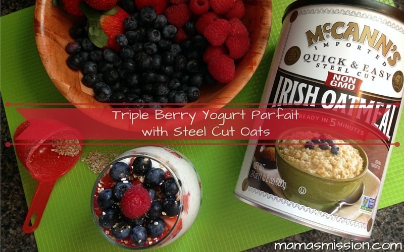 This Triple Berry Yogurt Parfait with Steel Cut Oats Recipe is easy to make, and tastes delicious! Parfaits with a twist of crunchy, nutty Steel Cut Oats.