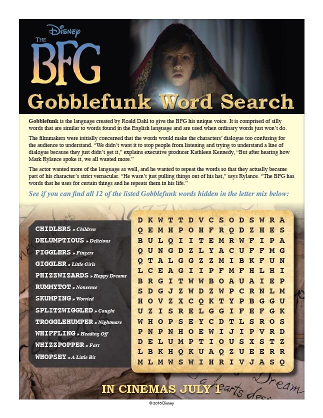 The BFG Gobblefunk Word Search - Download these free printable The BFG Coloring Pages and Activity Sheets! Download, print, grab your kiddos and get to know the Big Friendly Giant.