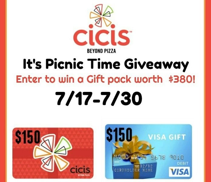 Cicis is celebrating National Picnic Month with a special giveaway! Enter to win a $150 Cicis Pizza Gift Card and a $150 Visa Gift Card, plus so much more!